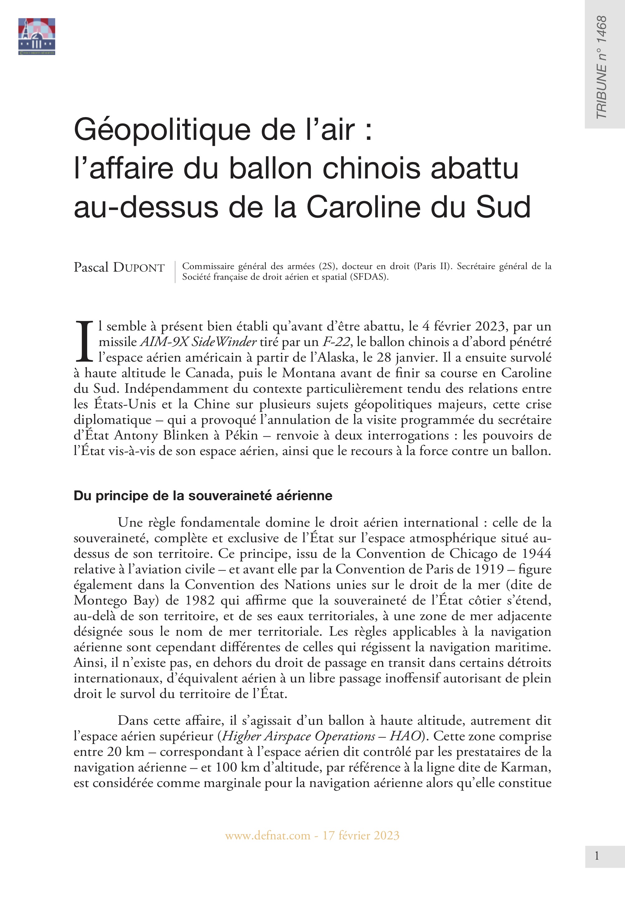 Géopolitique de l’air : l’affaire du ballon chinois abattu au-dessus de la Caroline du Sud (T 1468)
